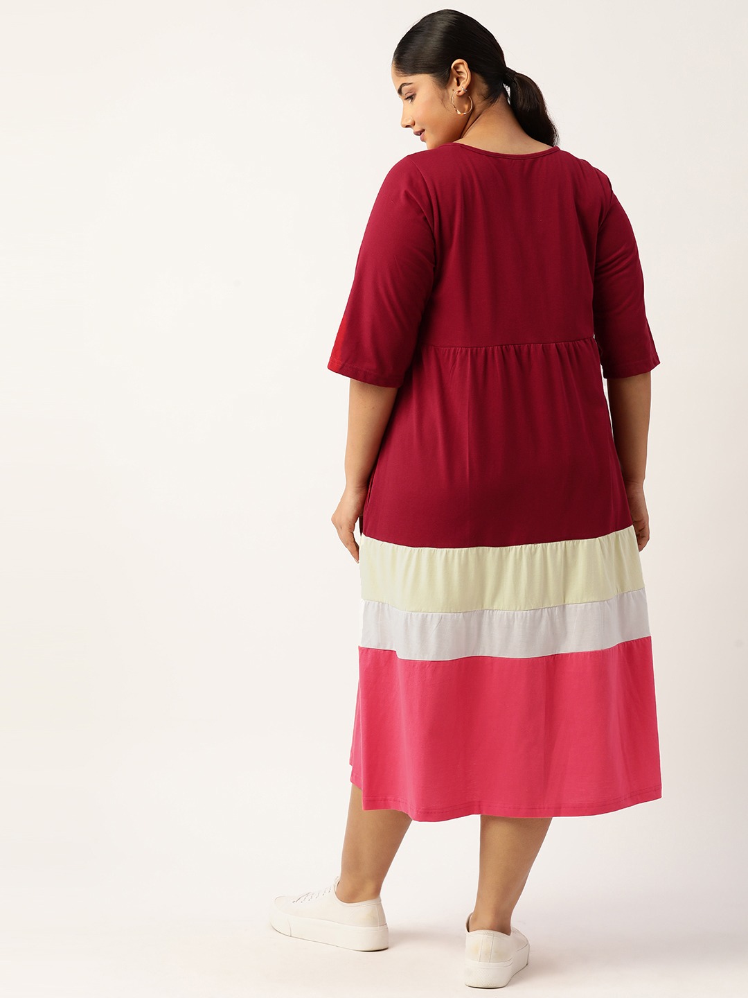 Women's Plus Size Maroon Colourblocked A-Line Midi Cotton Dress