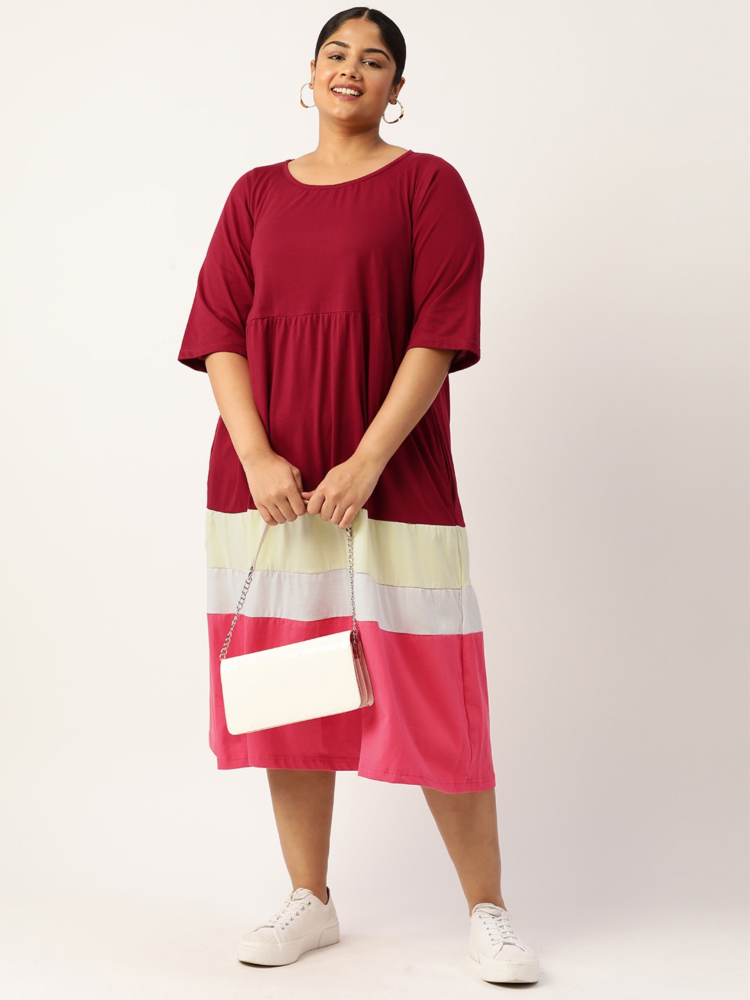Women's Plus Size Maroon Colourblocked A-Line Midi Cotton Dress