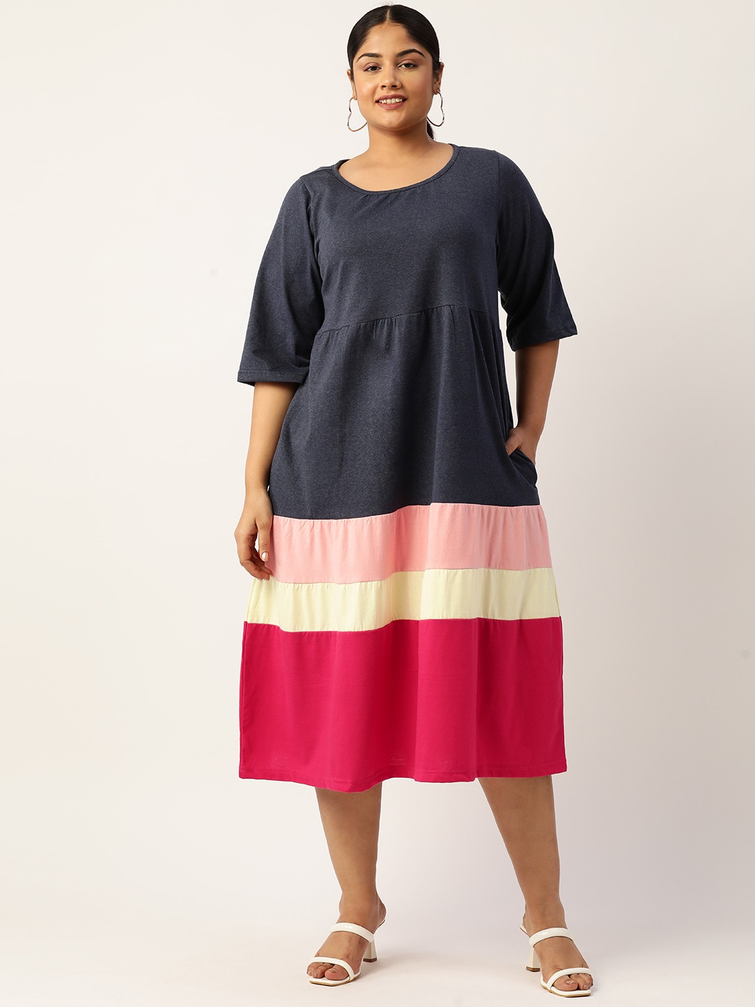 Women's Plus Size Melange Blue Colourblocked A-Line Midi Cotton Dress