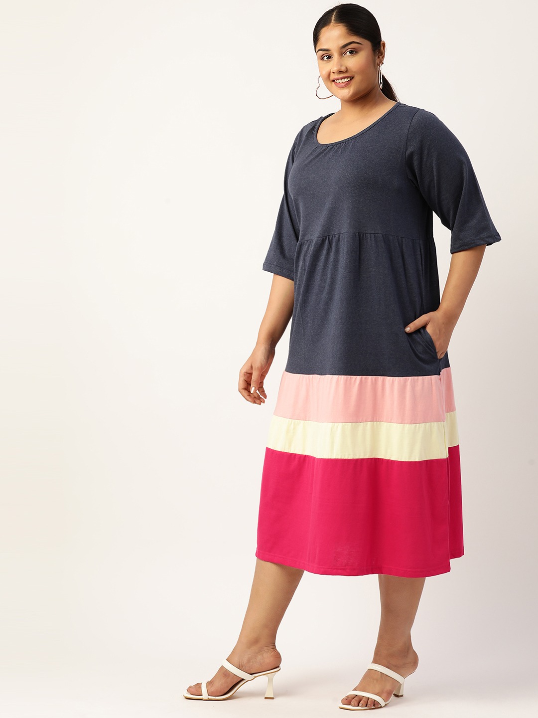 Women's Plus Size Melange Blue Colourblocked A-Line Midi Cotton Dress
