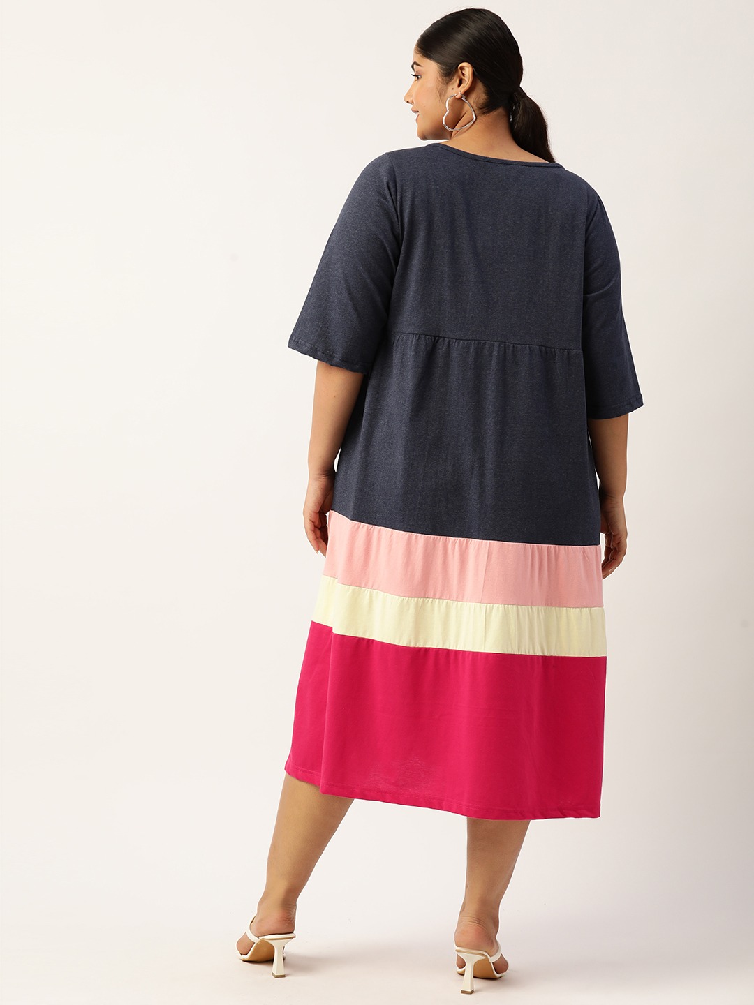 Women's Plus Size Melange Blue Colourblocked A-Line Midi Cotton Dress