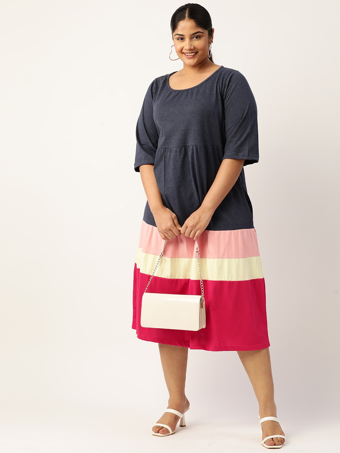 Women's Plus Size Melange Blue Colourblocked A-Line Midi Cotton Dress