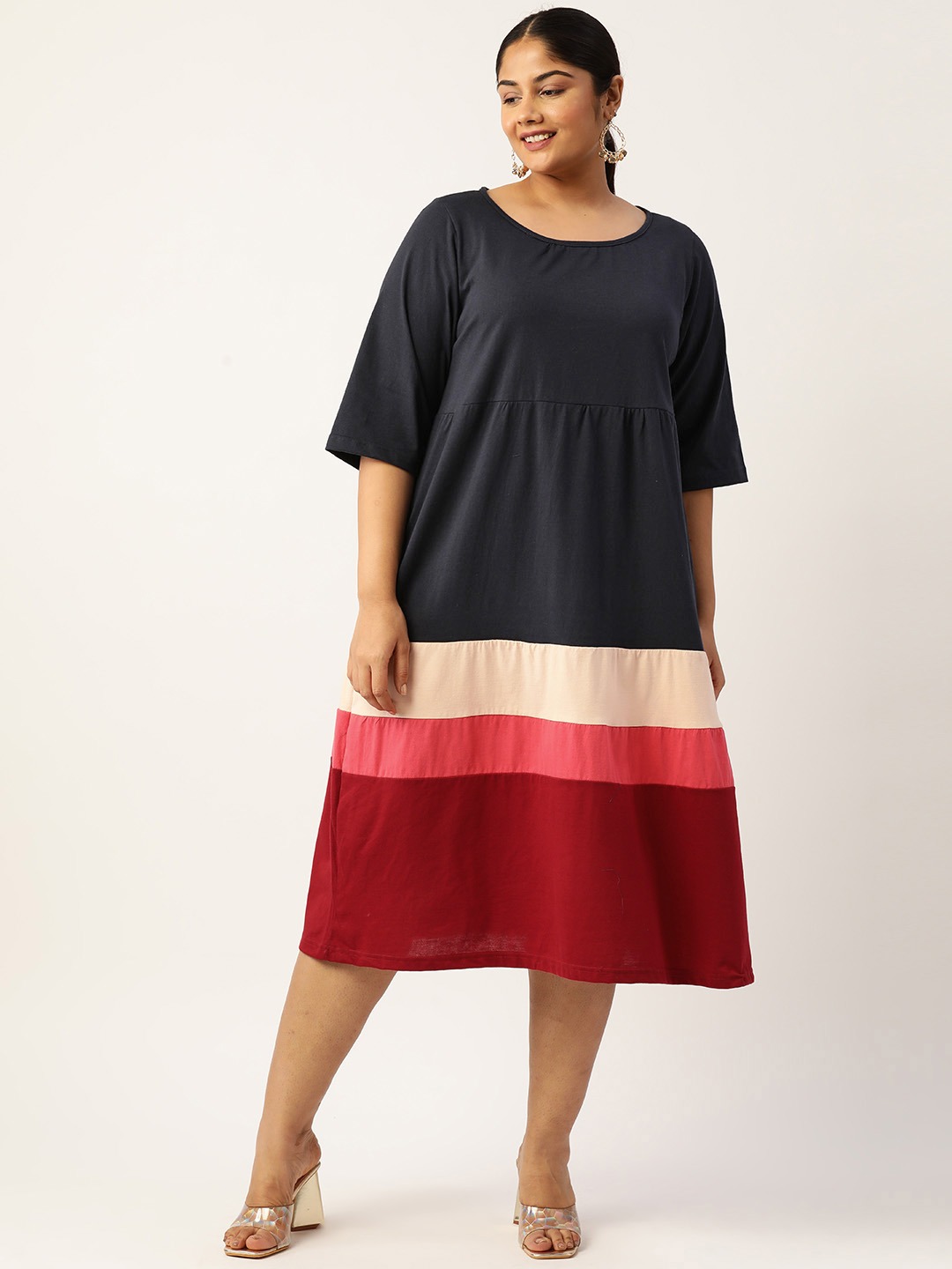 Women's Plus Size Navy Blue Colourblocked A-Line Midi Cotton Dress