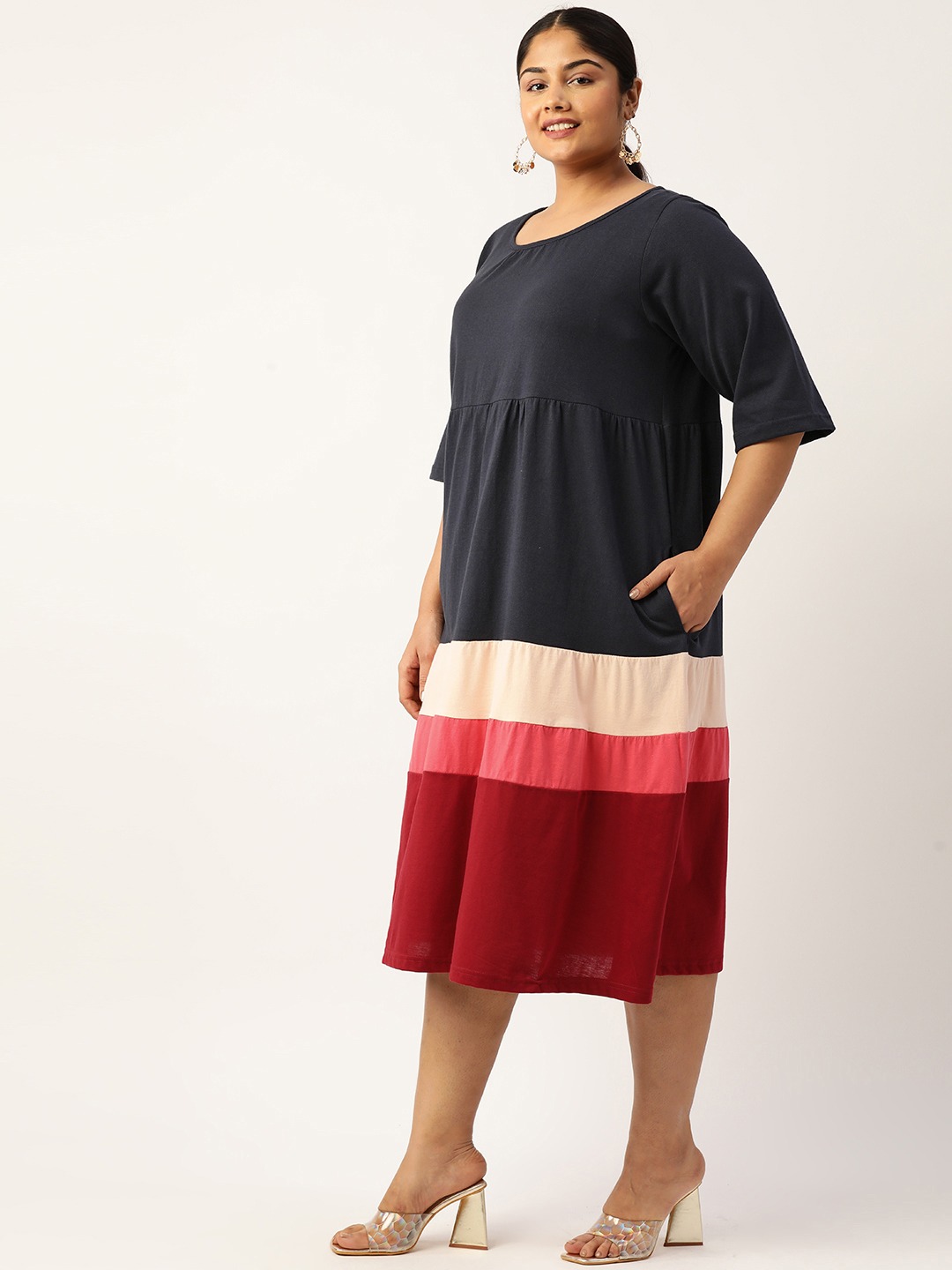 Women's Plus Size Navy Blue Colourblocked A-Line Midi Cotton Dress