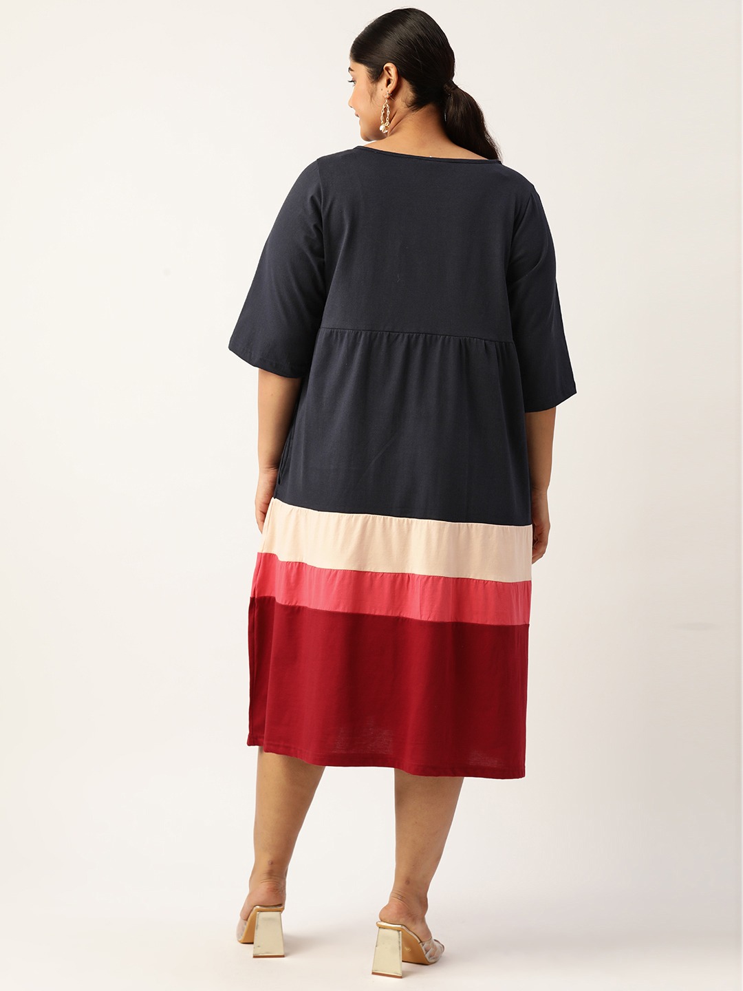 Women's Plus Size Navy Blue Colourblocked A-Line Midi Cotton Dress