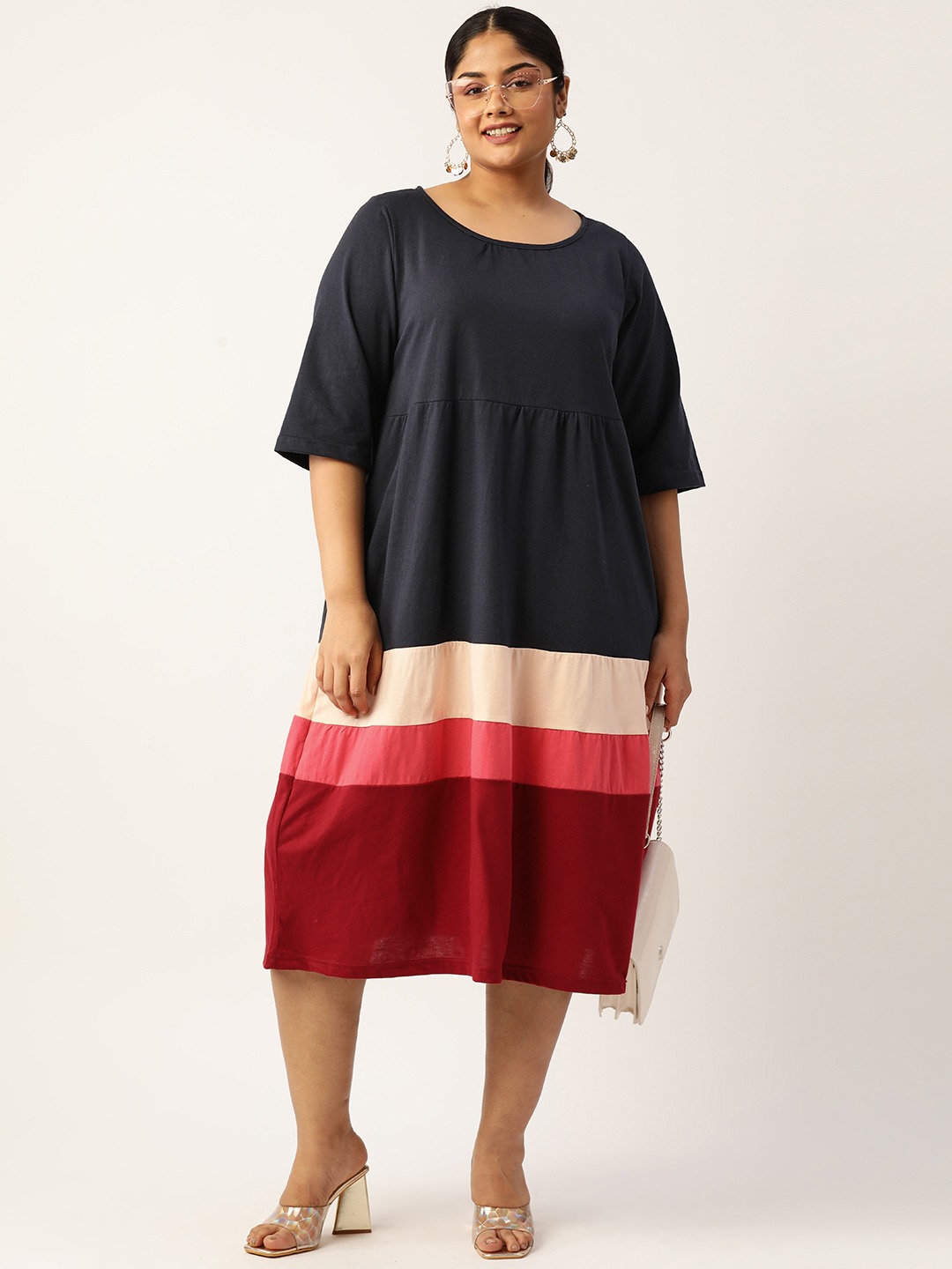 Women's Plus Size Navy Blue Colourblocked A-Line Midi Cotton Dress