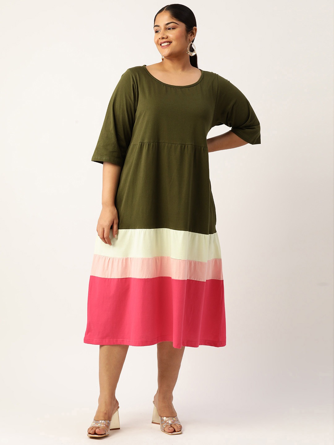 Women's Plus Size Olive Colourblocked A-Line Midi Cotton Dress