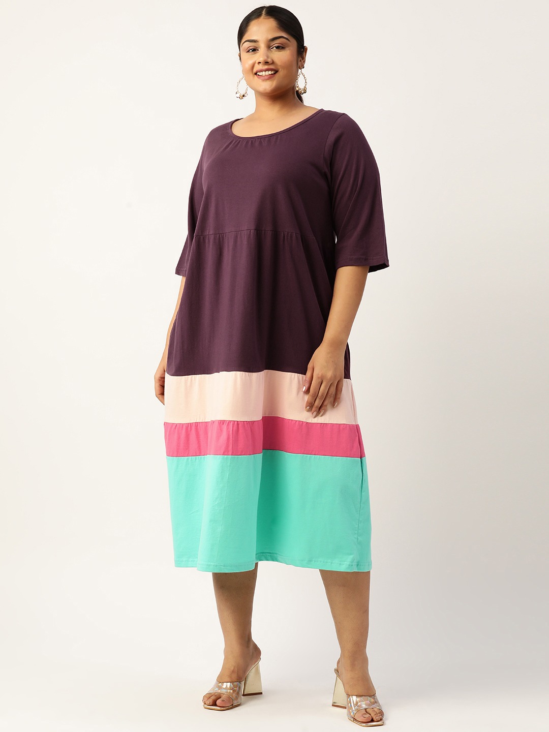 Women's Plus Size Purple Colourblocked A-Line Midi Cotton Dress