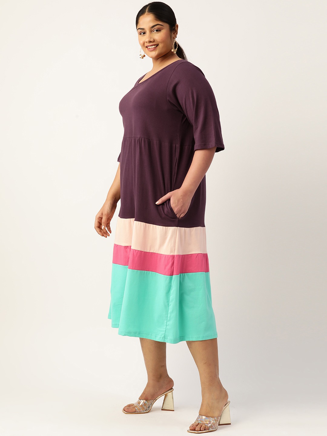 Women's Plus Size Purple Colourblocked A-Line Midi Cotton Dress