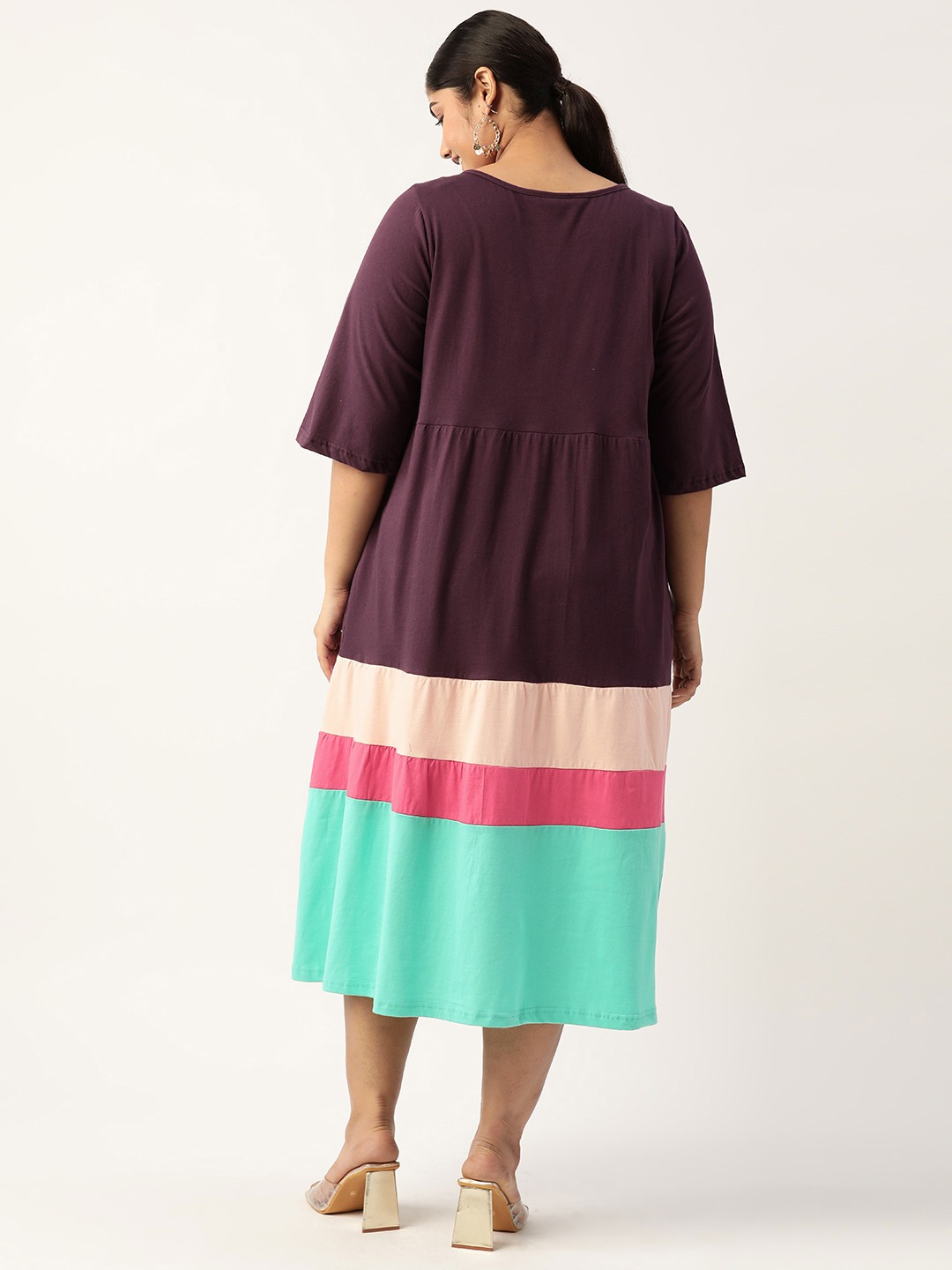 Women's Plus Size Purple Colourblocked A-Line Midi Cotton Dress