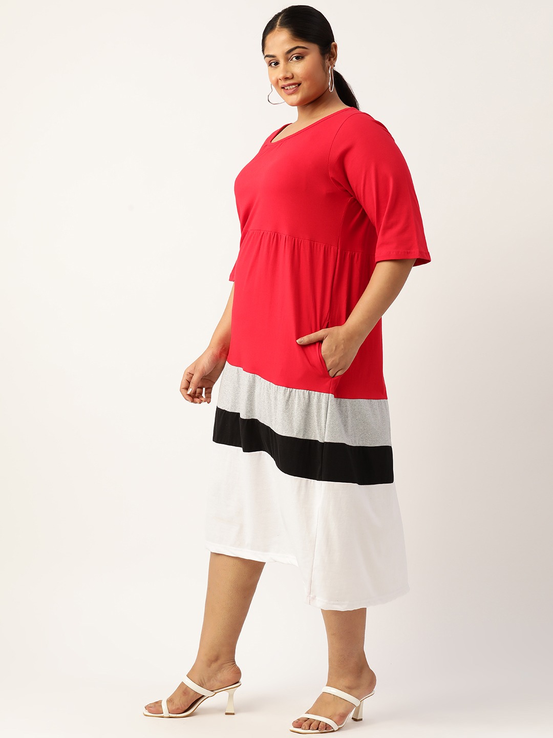 Women's Plus Size Red Colourblocked A-Line Midi Cotton Dress