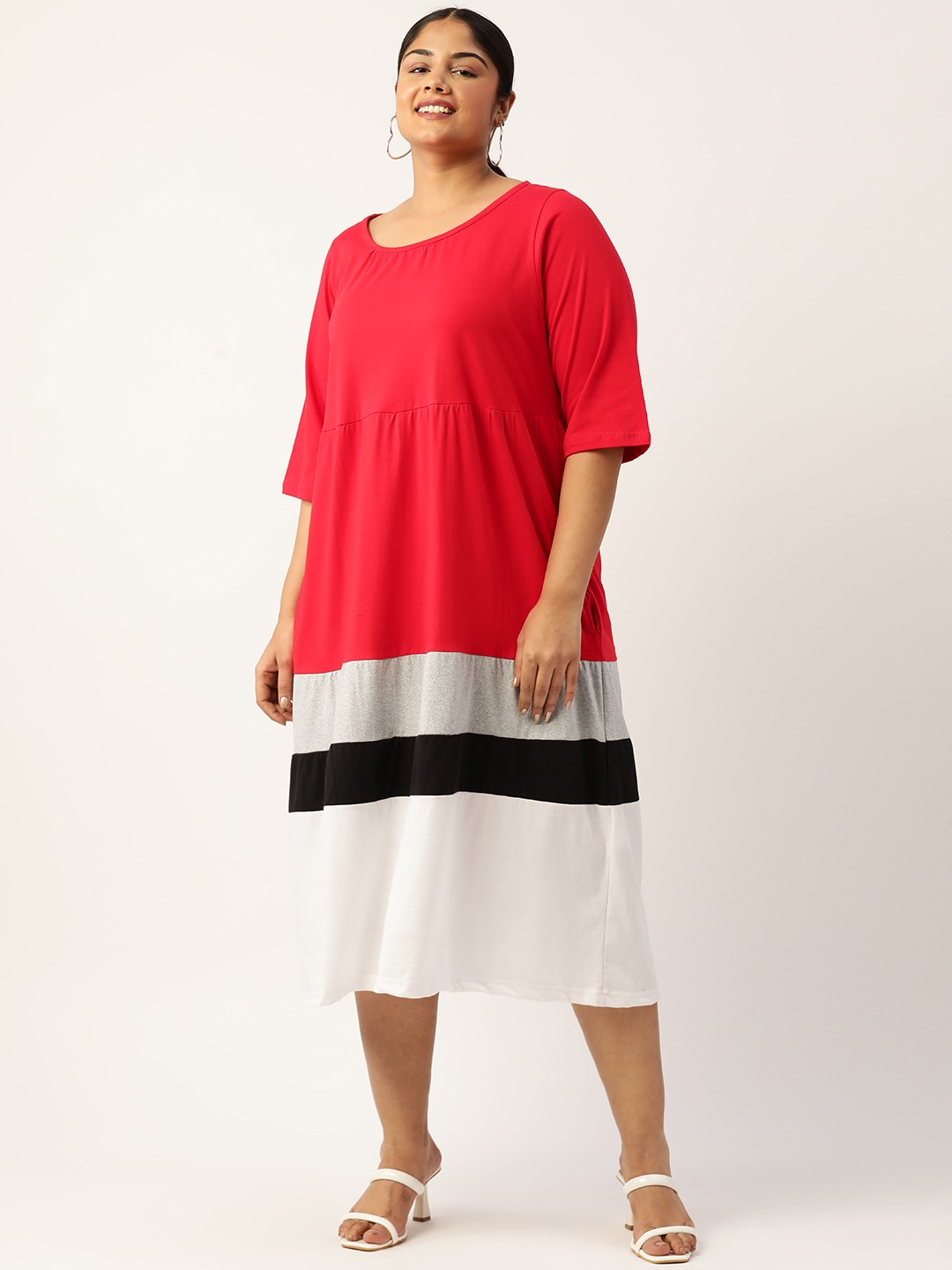 Women's Plus Size Red Colourblocked A-Line Midi Cotton Dress