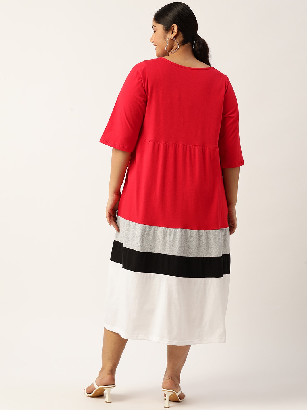 Women's Plus Size Red Colourblocked A-Line Midi Cotton Dress