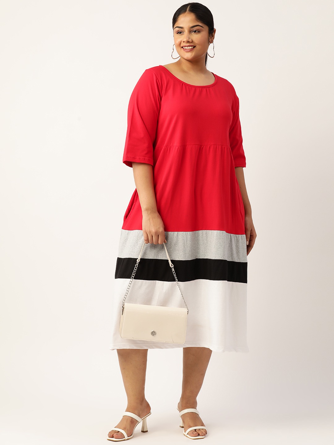 Women's Plus Size Red Colourblocked A-Line Midi Cotton Dress