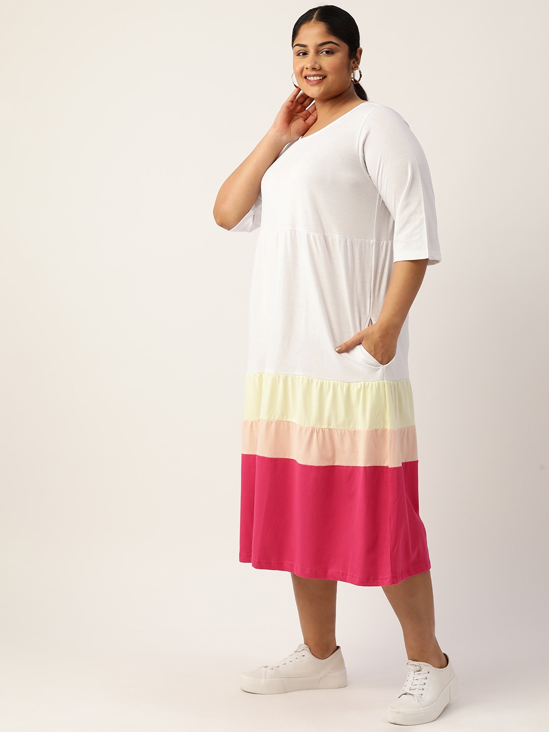 Women's Plus Size White Colourblocked A-Line Midi Cotton Dress