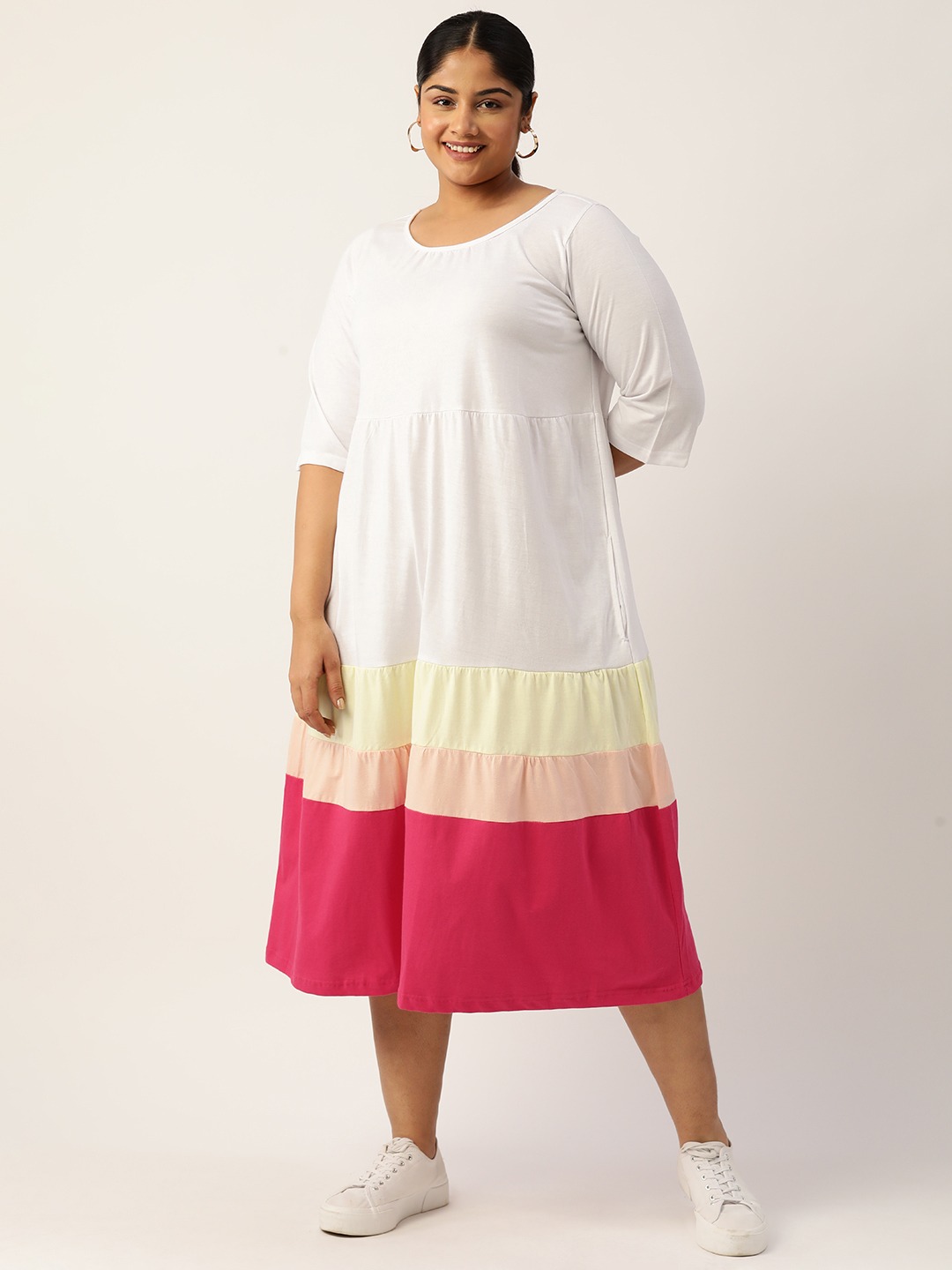 Women's Plus Size White Colourblocked A-Line Midi Cotton Dress