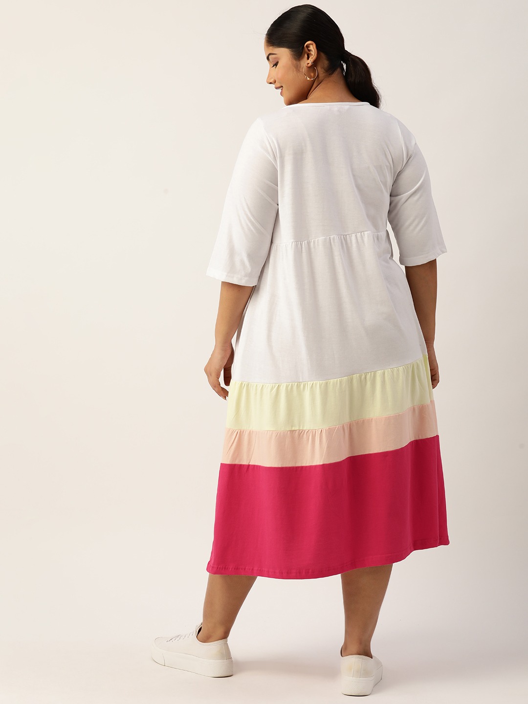 Women's Plus Size White Colourblocked A-Line Midi Cotton Dress