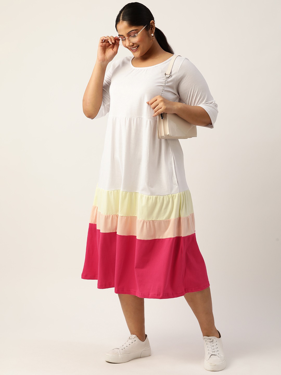 Women's Plus Size White Colourblocked A-Line Midi Cotton Dress
