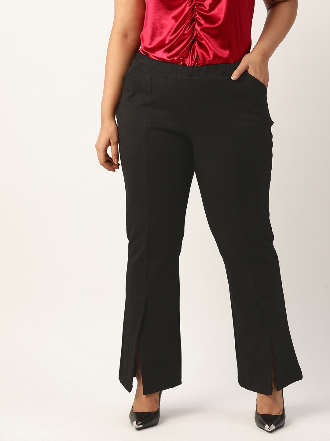 Women's Plus Size Black Solid Color Knitted High-Rise Pleated Trouser