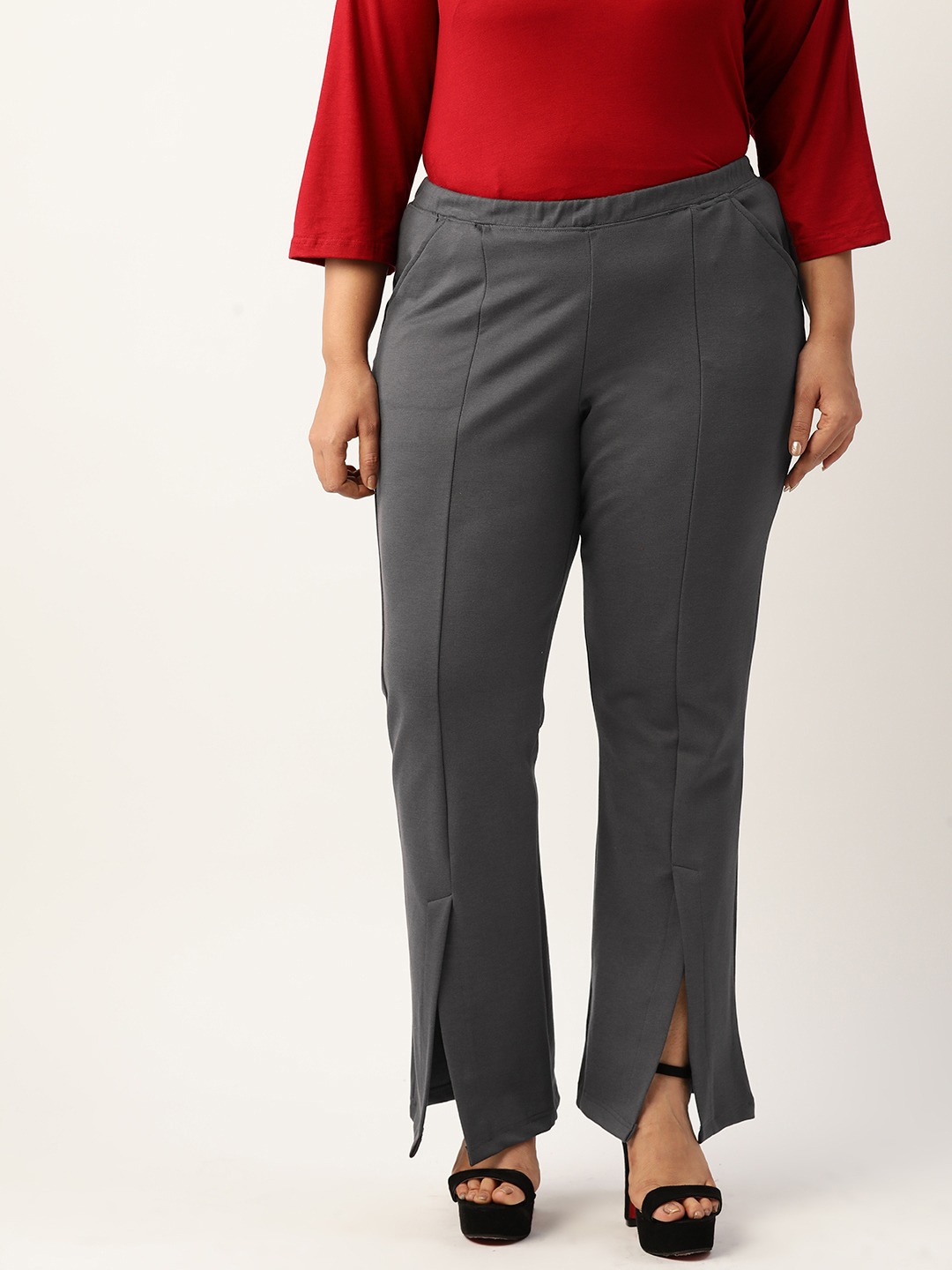Women's Plus Size Dark Grey Solid Color Knitted High-Rise Pleated Trouser