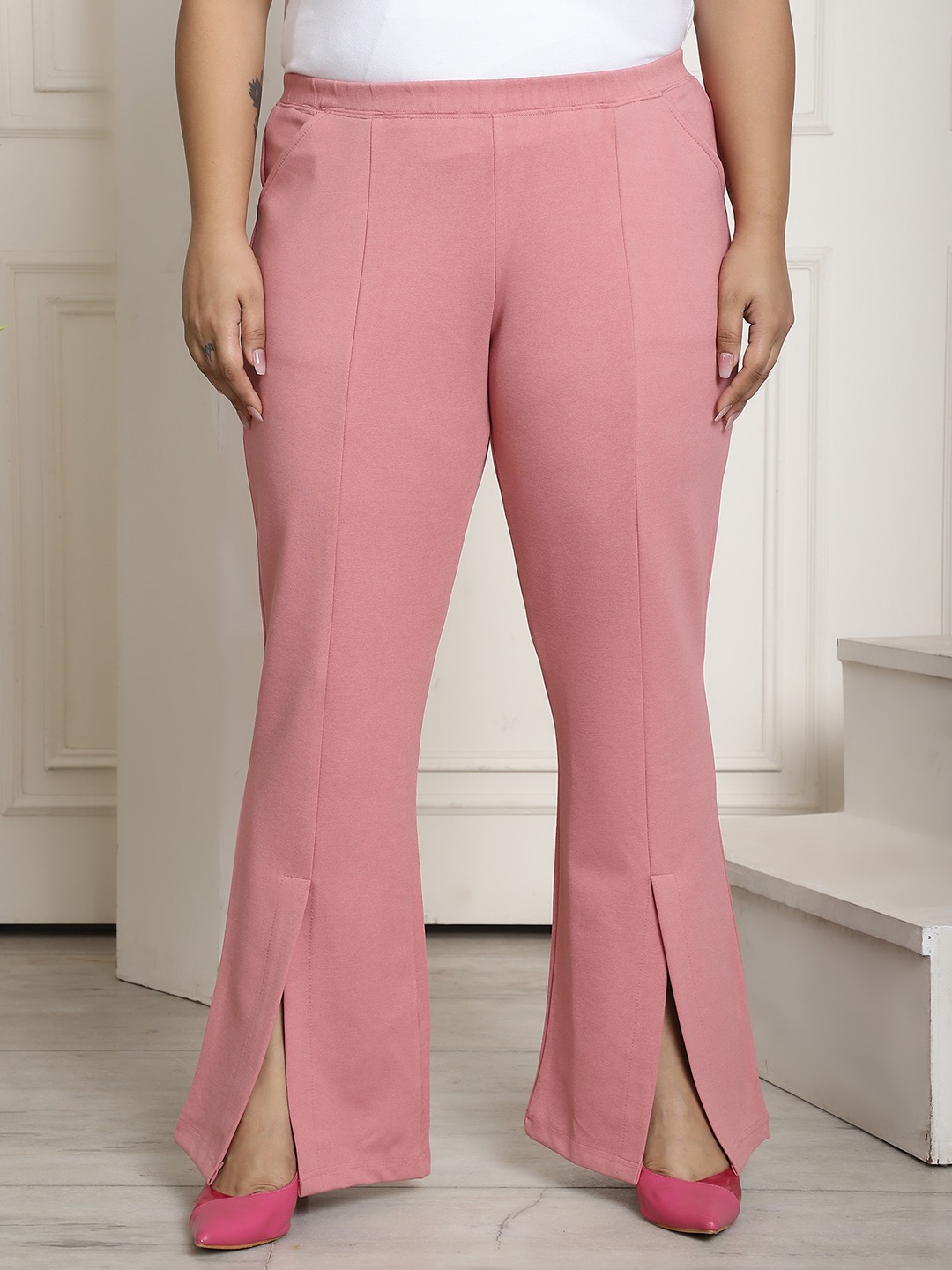 Women's Plus Size Pink Solid Color Bootcut Straight Fit Trouser