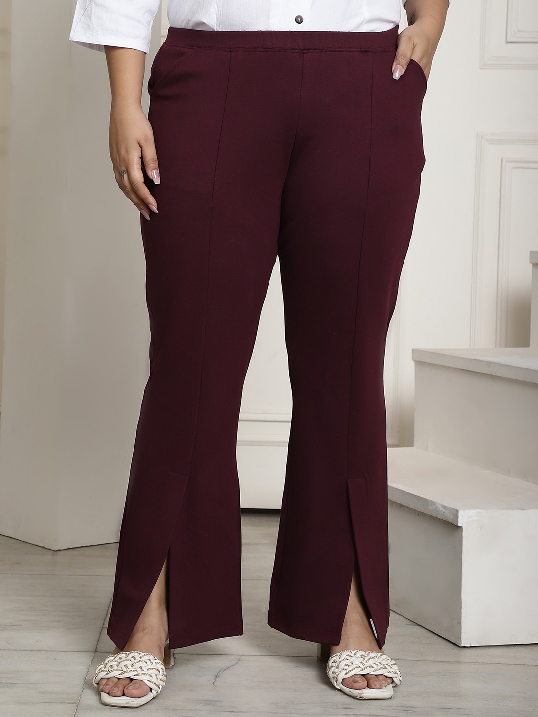 Women's Plus Size Plum Solid Color Bootcut Straight Fit Trouser