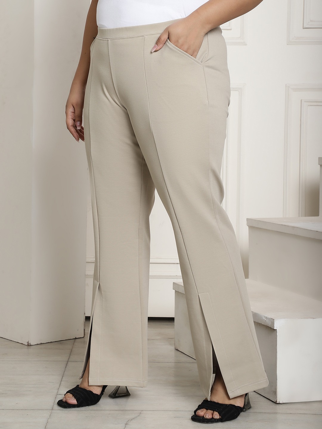 Women's Plus Size Stone Solid Color Bootcut Straight Fit Trouser