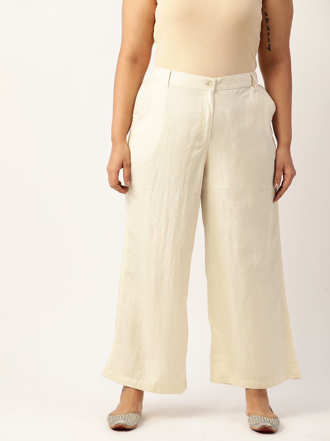 Women's Plus Size Natural Solid Color High-Rise Linen Trouser