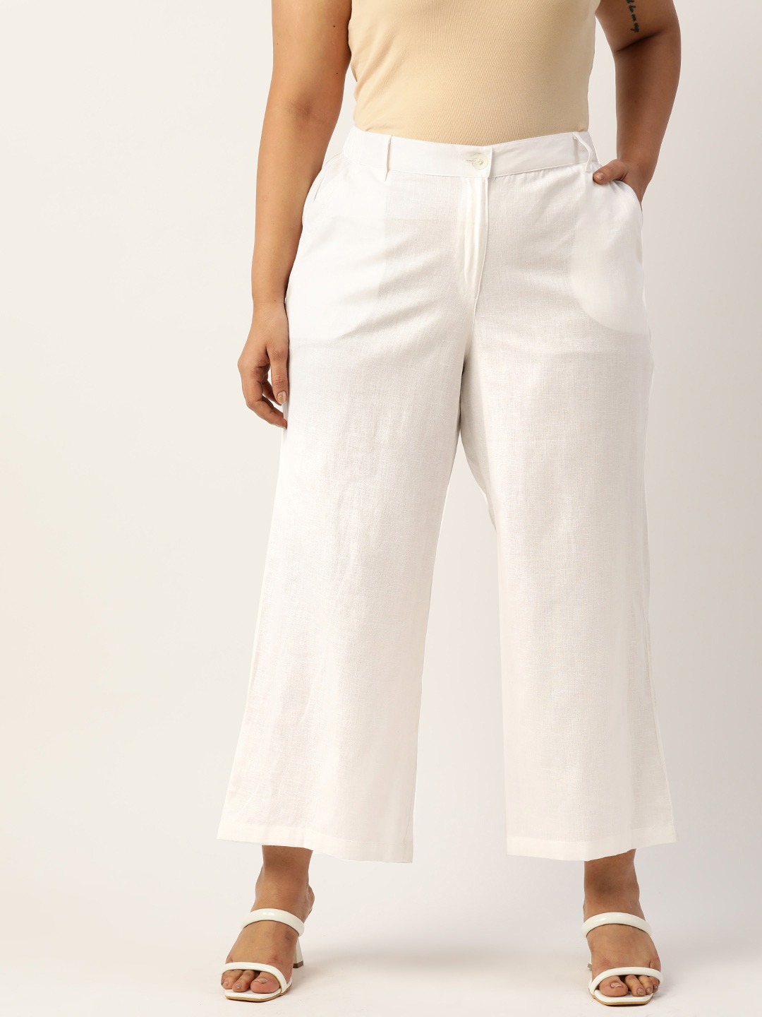 Women's Plus Size White Solid Color High-Rise Linen Trouser