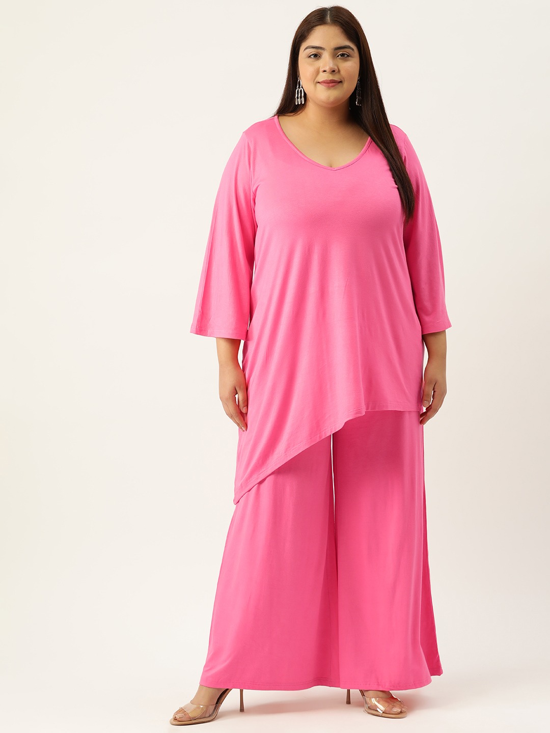 Women's Plus Size Pink Solid Color Top With Palazoos Set
