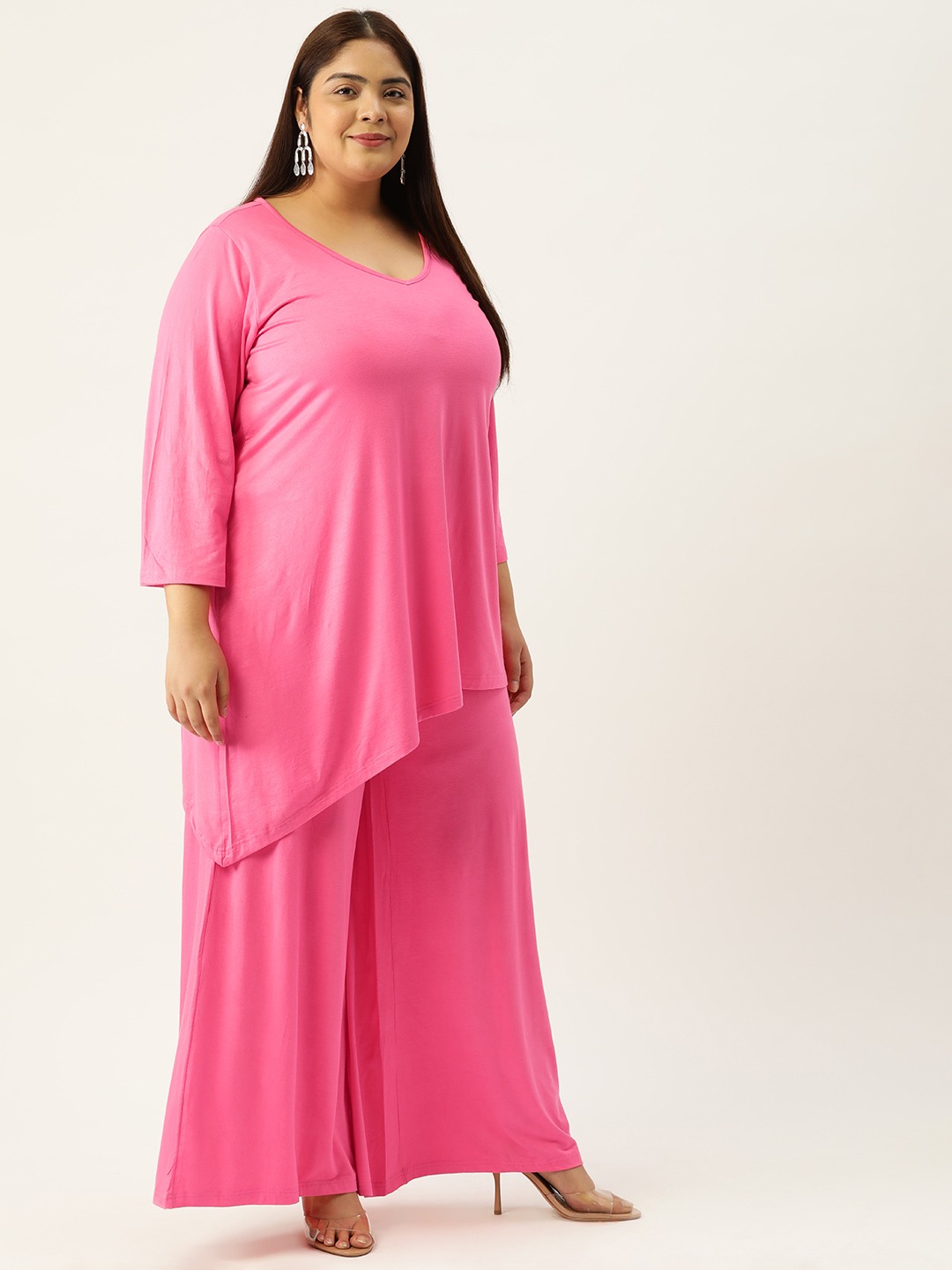Women's Plus Size Pink Solid Color Top With Palazoos Set