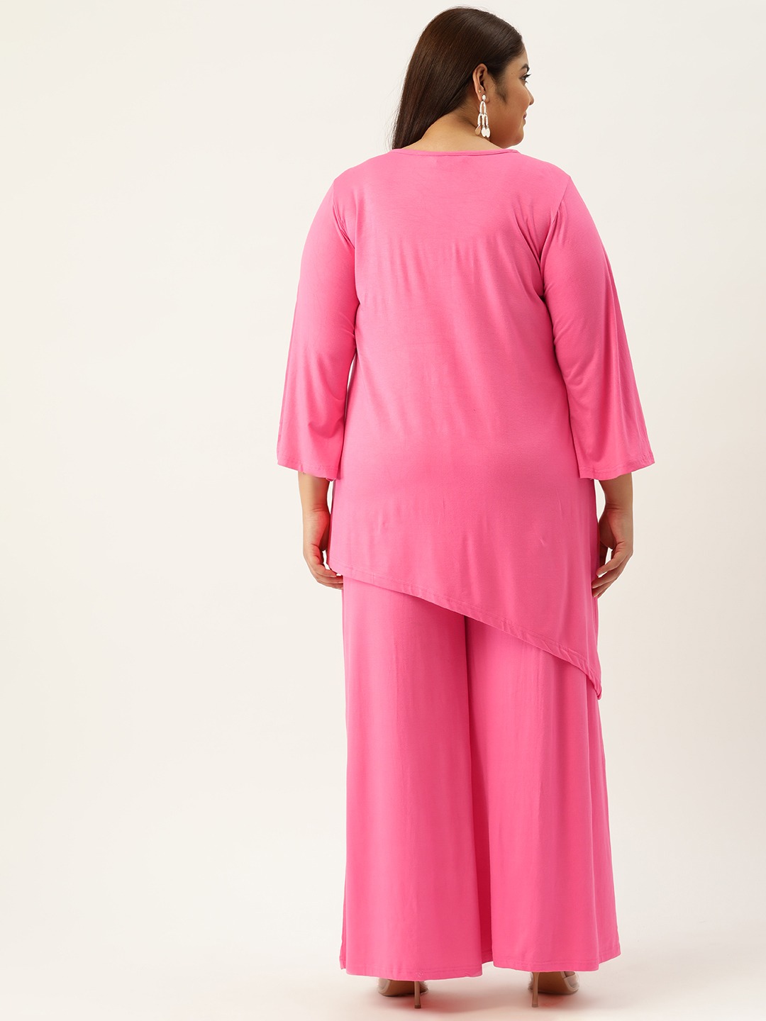 Women's Plus Size Pink Solid Color Top With Palazoos Set