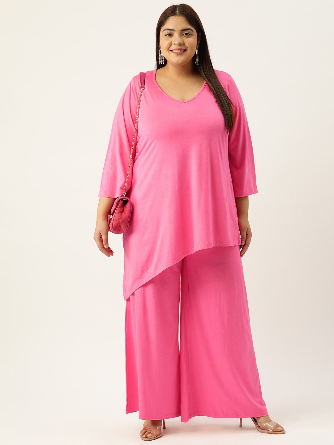Women's Plus Size Pink Solid Color Top With Palazoos Set
