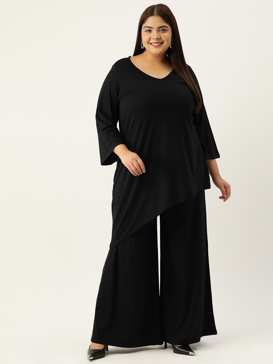 Women's Plus Size Black Solid Color Top With Palazoos Set