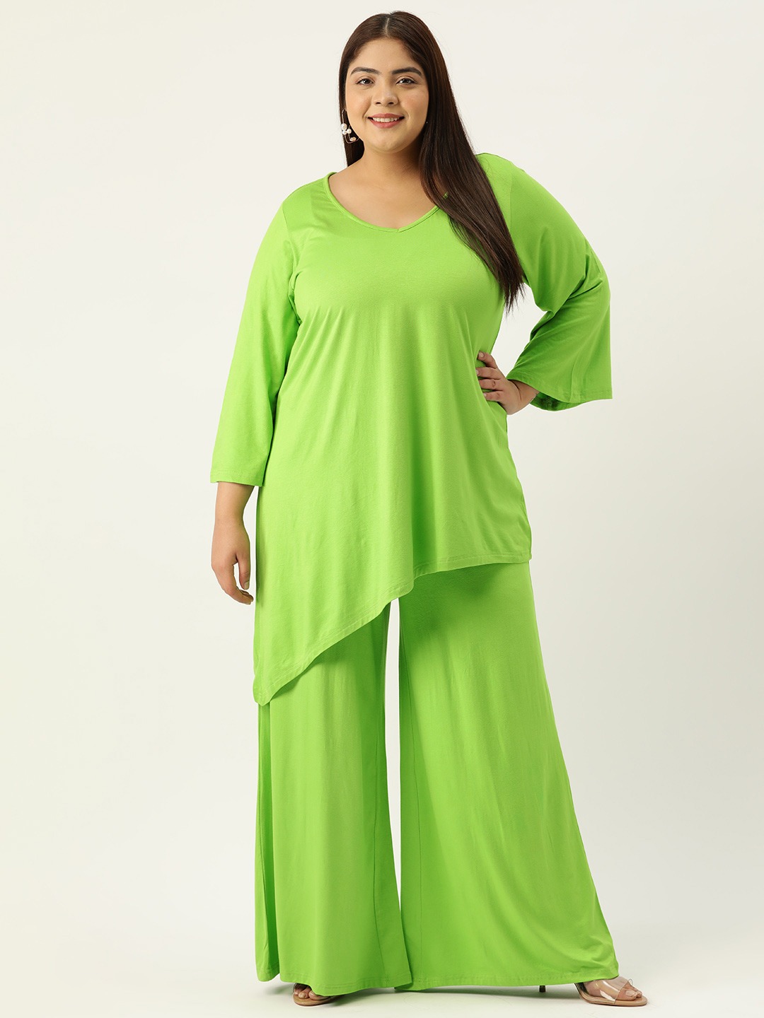 Women's Plus Size Bright Green Solid Color Top With Palazoos Set