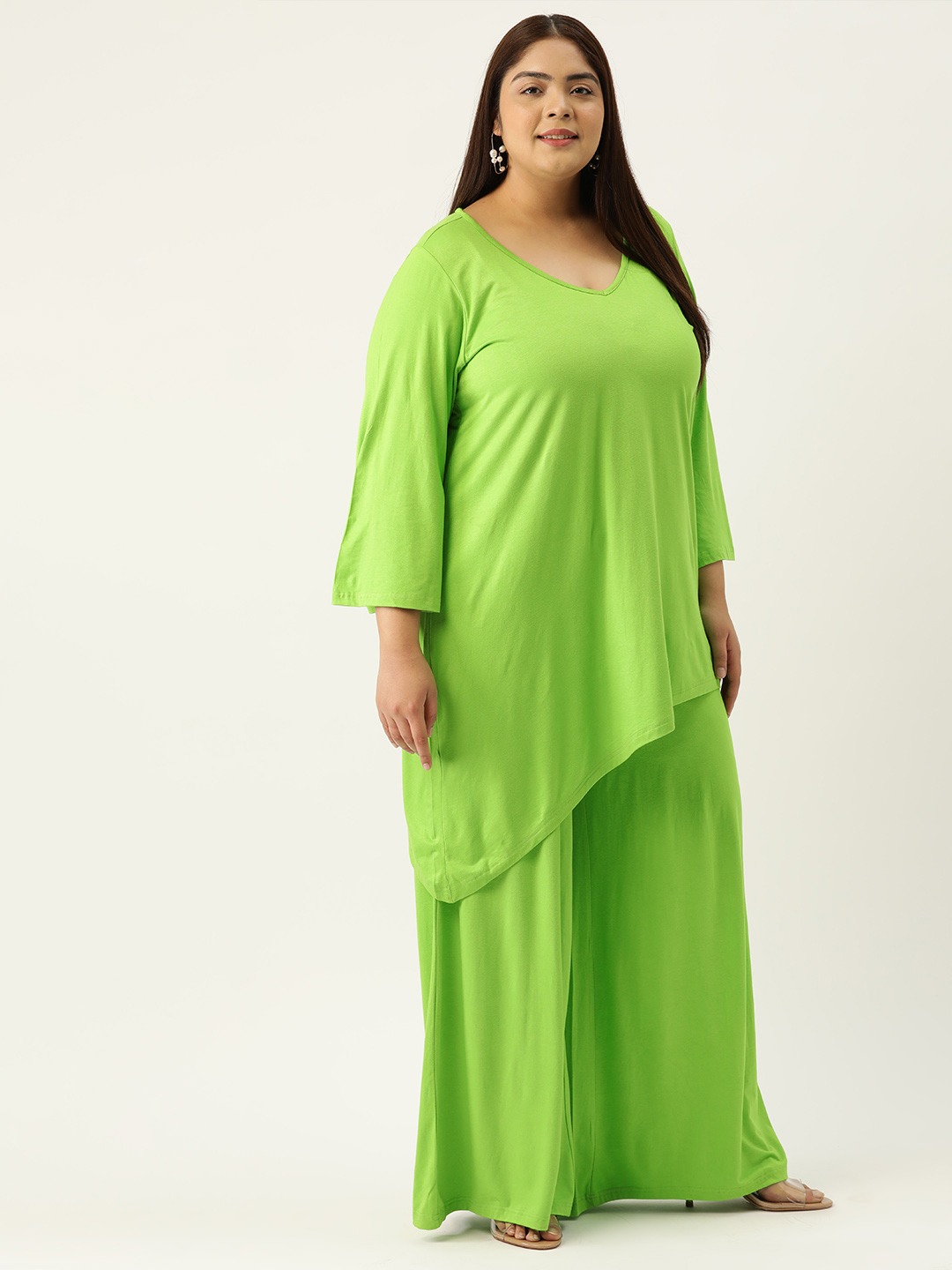 Women's Plus Size Bright Green Solid Color Top With Palazoos Set