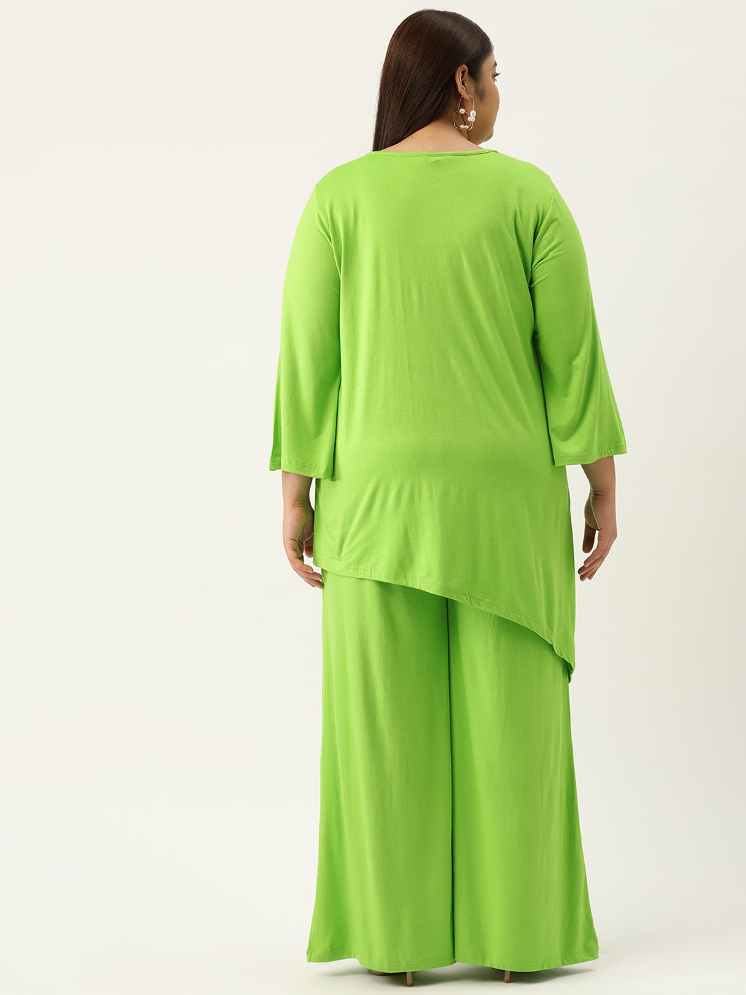 Women's Plus Size Bright Green Solid Color Top With Palazoos Set