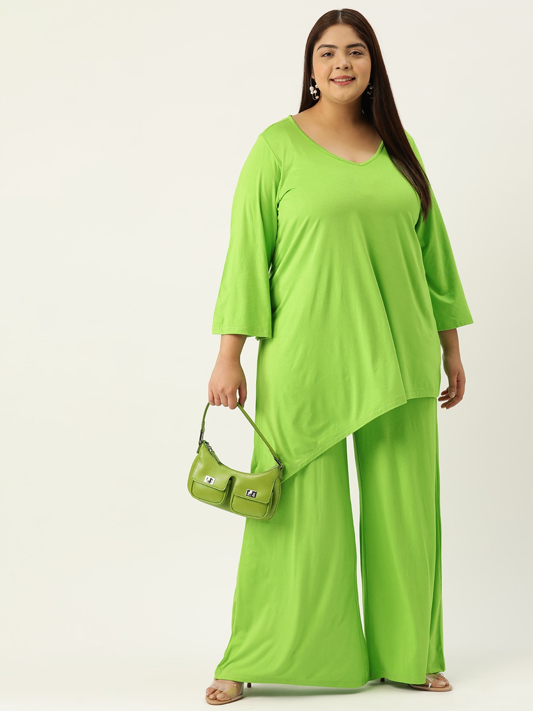 Women's Plus Size Bright Green Solid Color Top With Palazoos Set