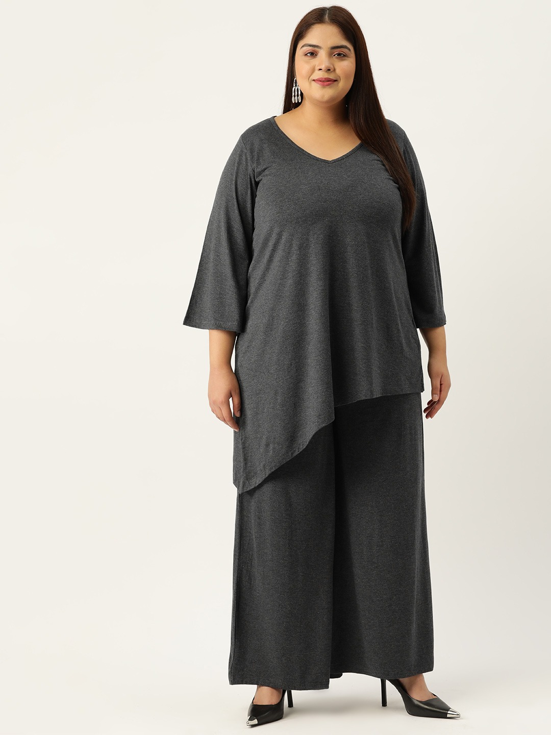 Women's Plus Size Charcoal Grey Solid Color Top With Palazoos Set