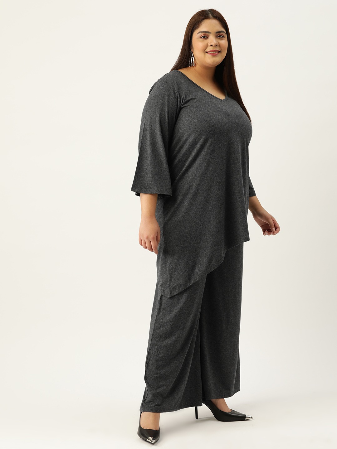 Women's Plus Size Charcoal Grey Solid Color Top With Palazoos Set