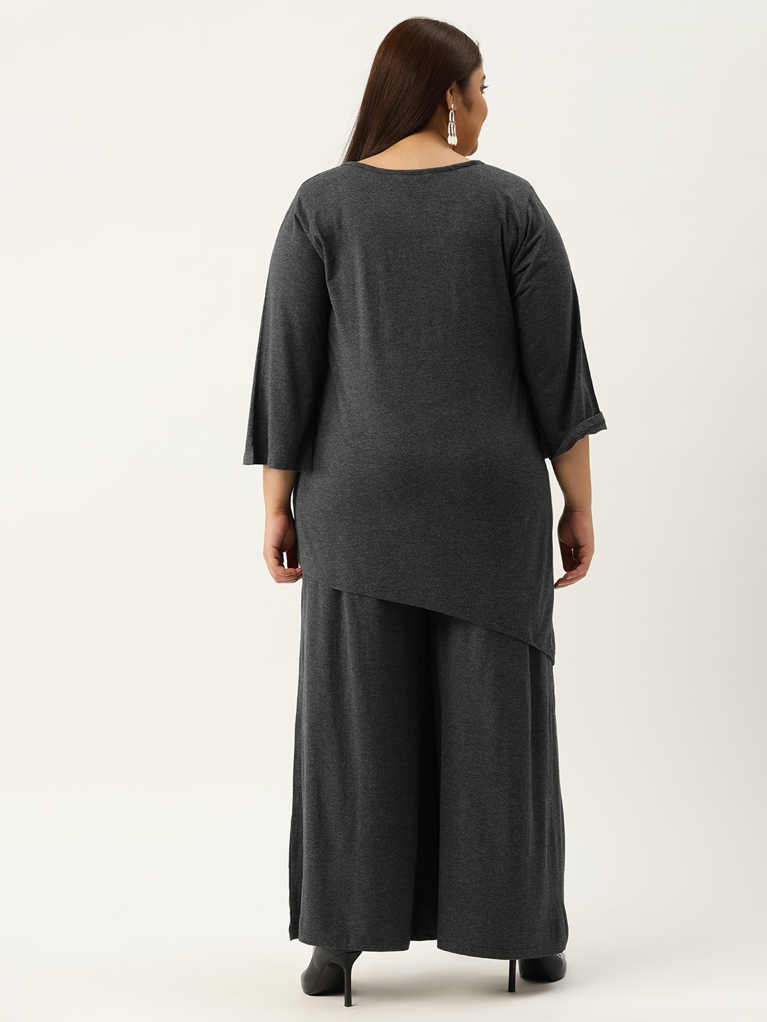 Women's Plus Size Charcoal Grey Solid Color Top With Palazoos Set