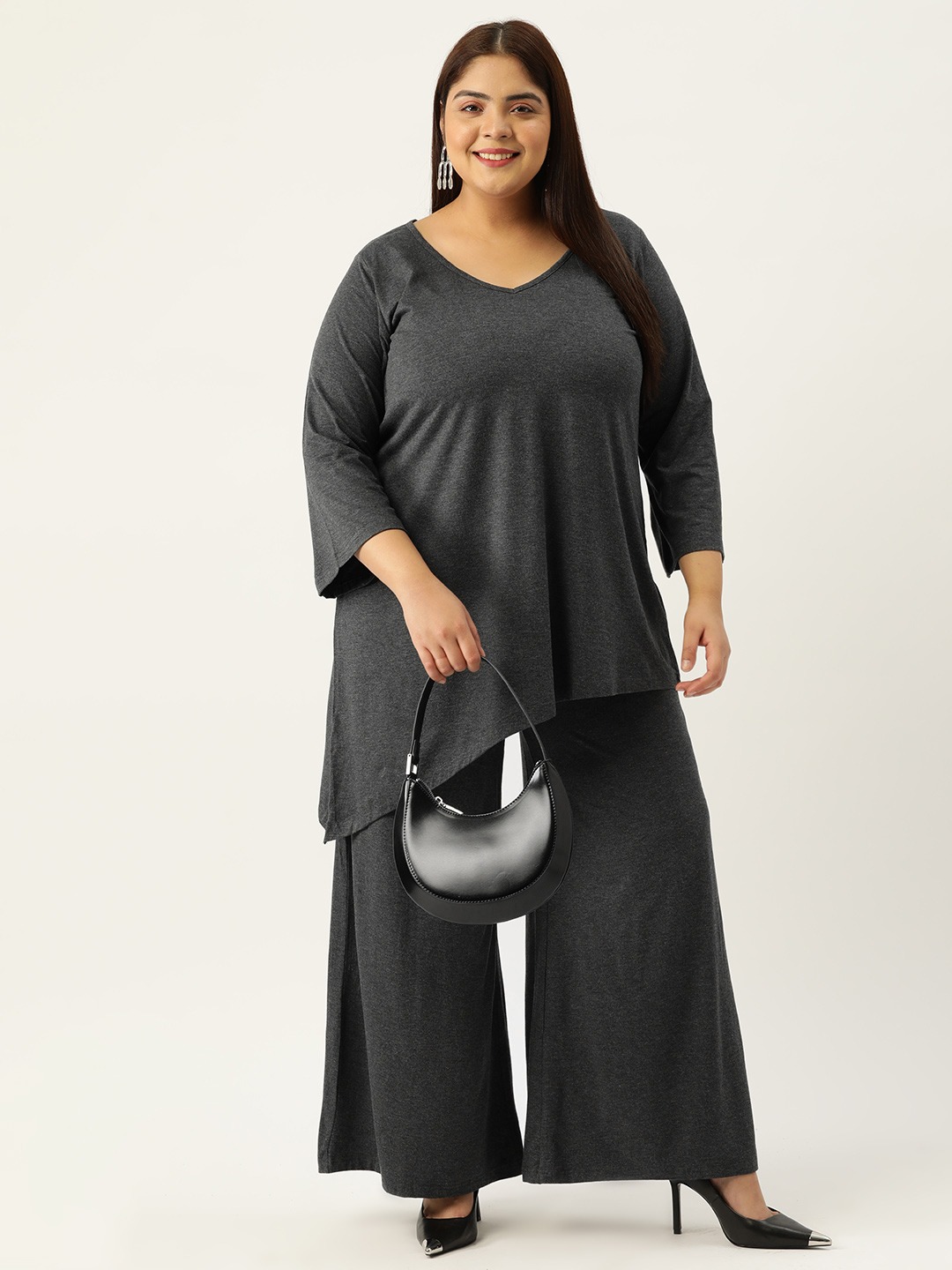 Women's Plus Size Charcoal Grey Solid Color Top With Palazoos Set