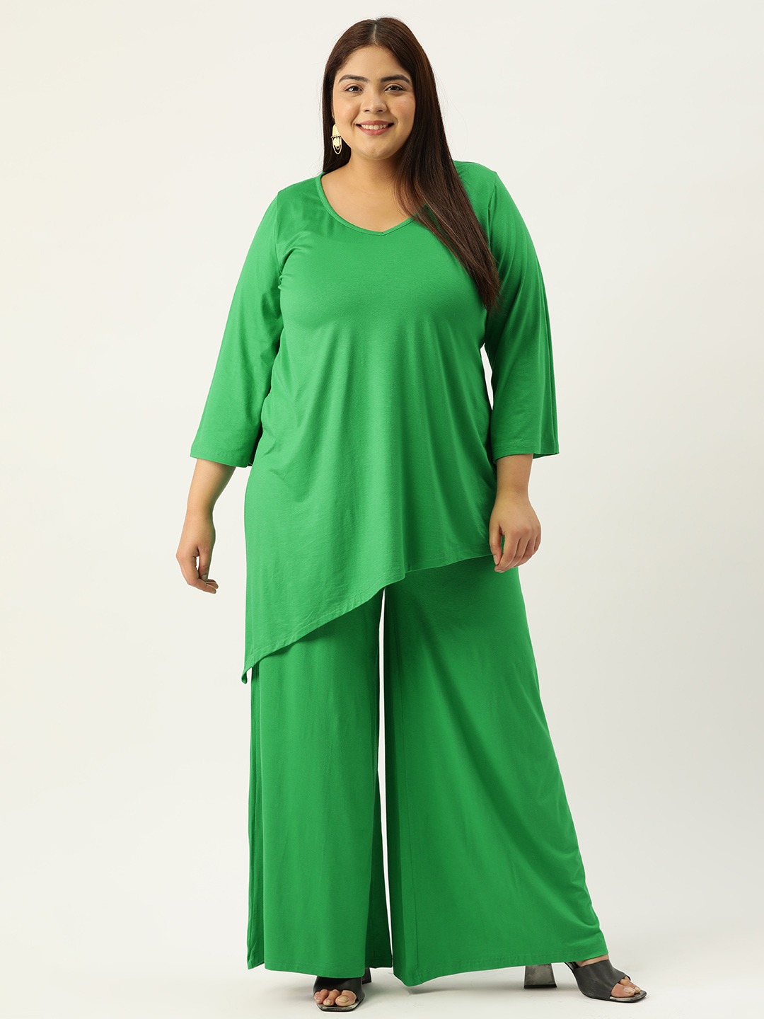 Women's Plus Size Emerlad Green Solid Color Top With Palazoos Set
