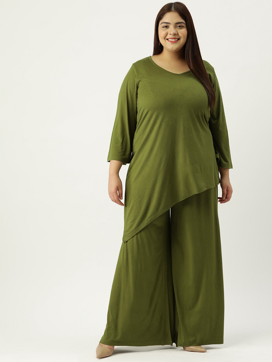 Women's Plus Size Olive Green Solid Color Top With Palazoos Set