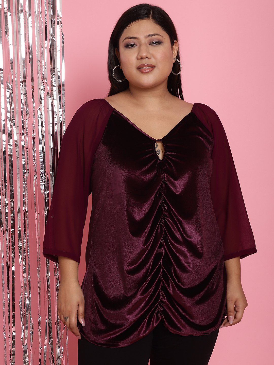 Women's Plus Size Plum Solid Color Velvet Pleated Top