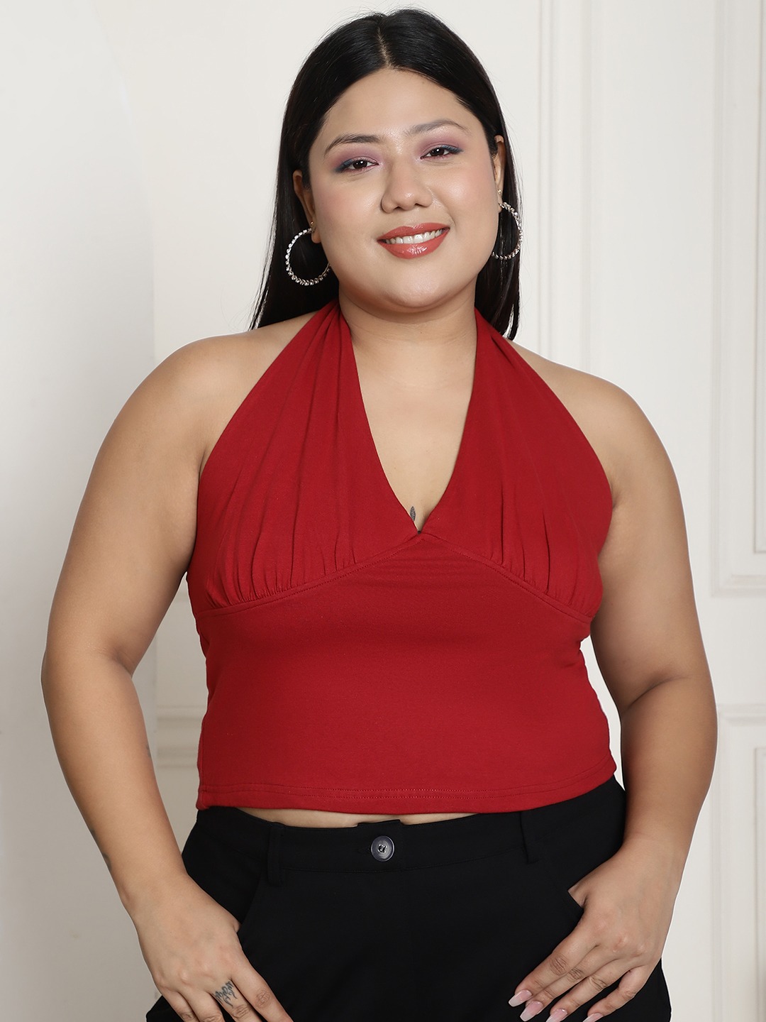 Women's Plus Size Maroon Solid Color Cotton Knitted Cropped Top