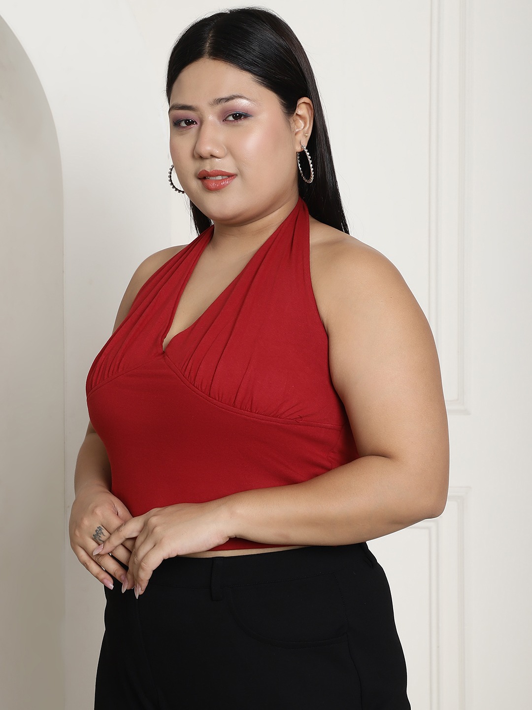 Women's Plus Size Maroon Solid Color Cotton Knitted Cropped Top