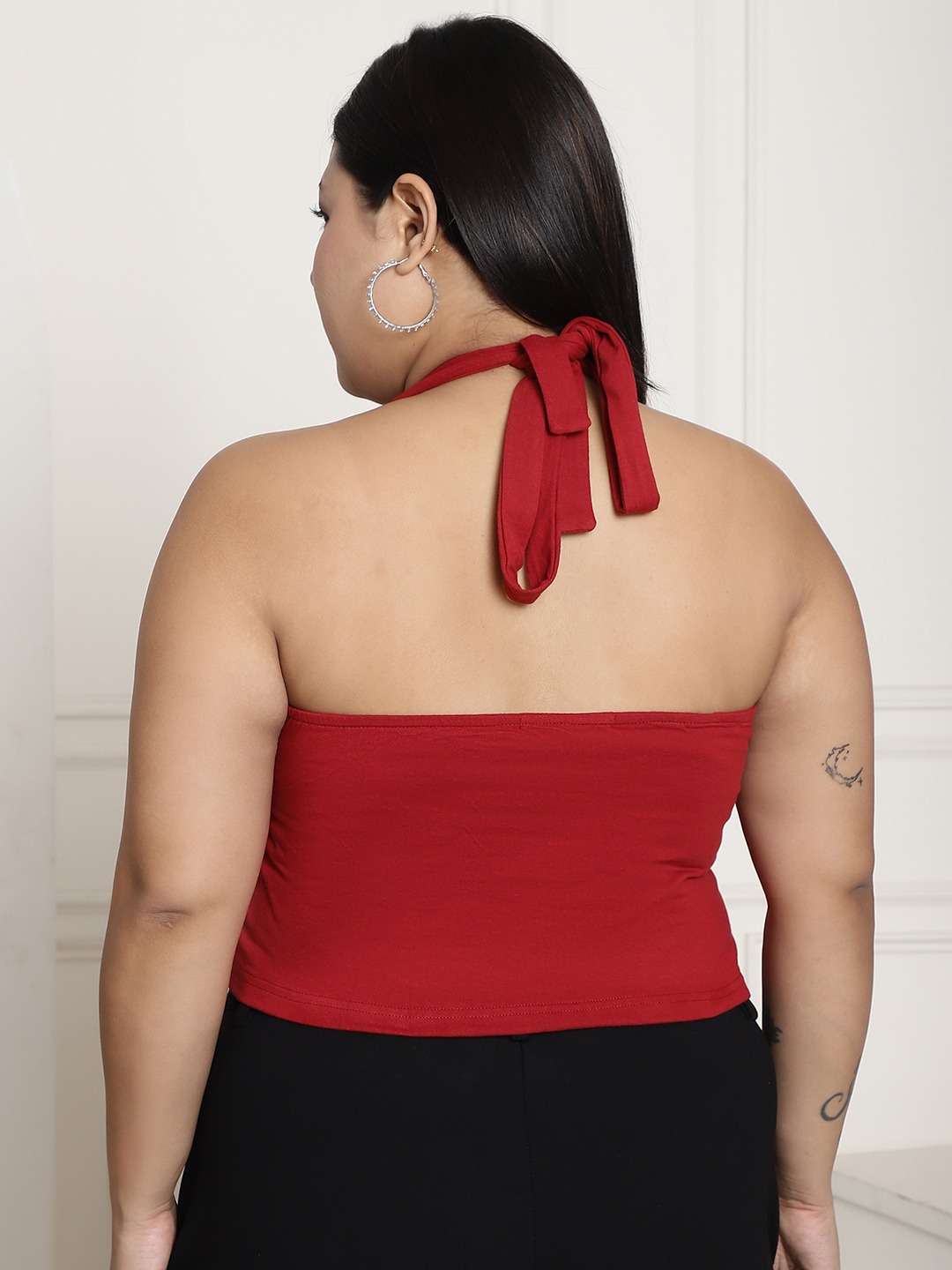 Women's Plus Size Maroon Solid Color Cotton Knitted Cropped Top