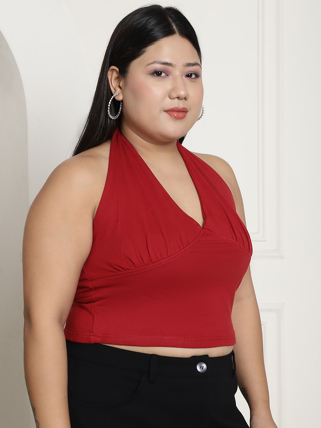 Women's Plus Size Maroon Solid Color Cotton Knitted Cropped Top