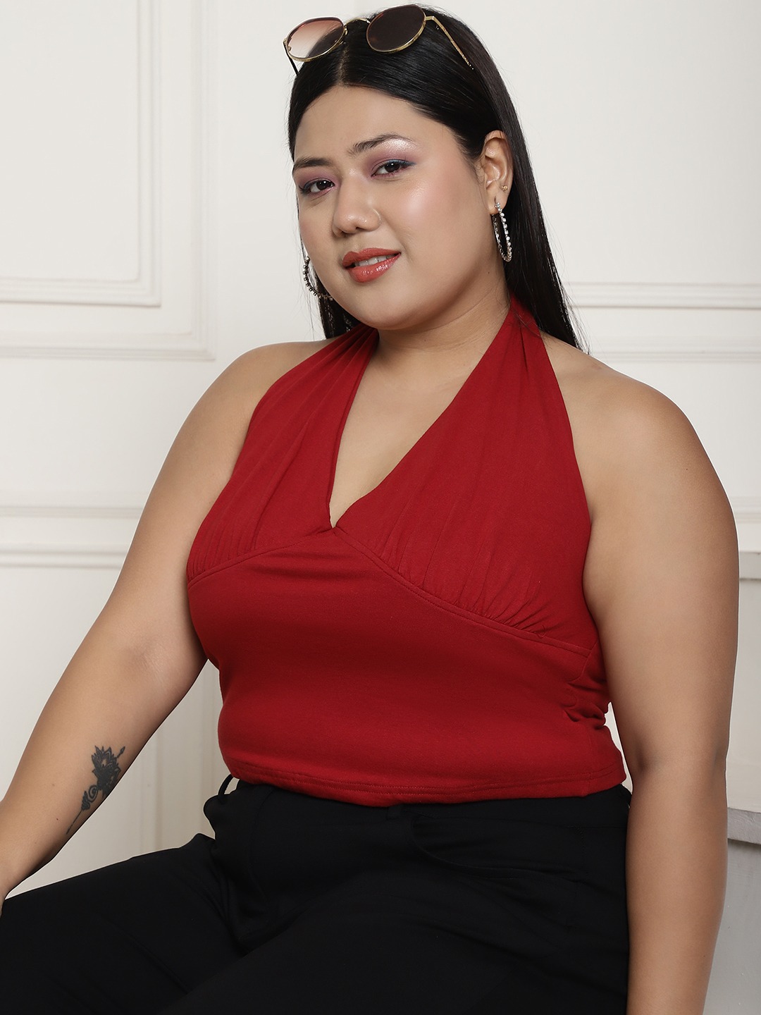 Women's Plus Size Maroon Solid Color Cotton Knitted Cropped Top